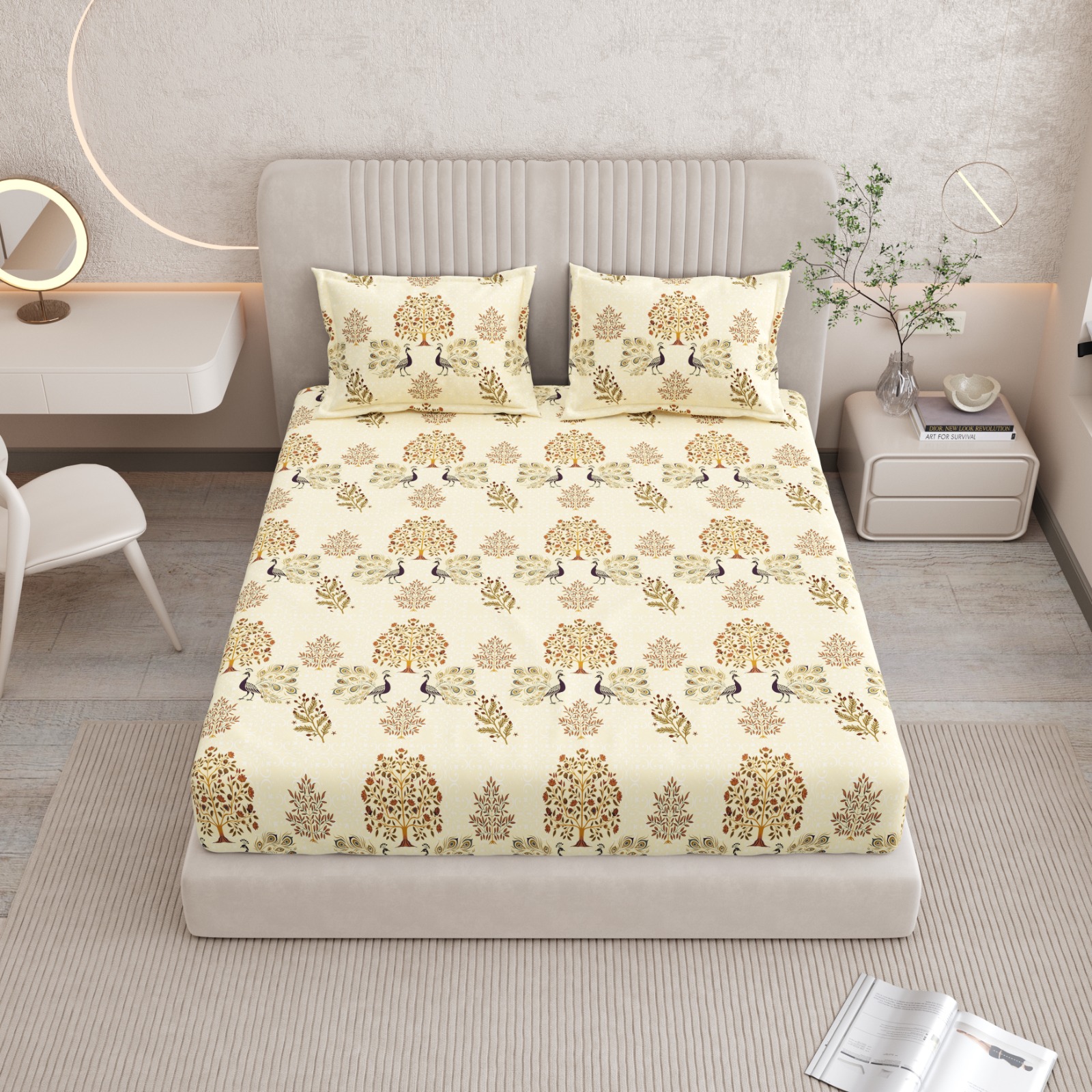 Premium Peacock & Tree Printed Cotton Bedsheet – Elegant Ethnic Design